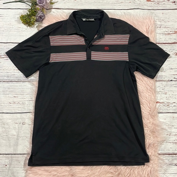 Travis Matthews Red Gray Striped Black Polo Active Shirt - Picture 1 of 10